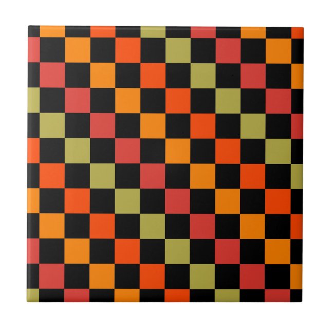 Orange Black Checkered Gingham Pattern Fliese (Vorderseite)