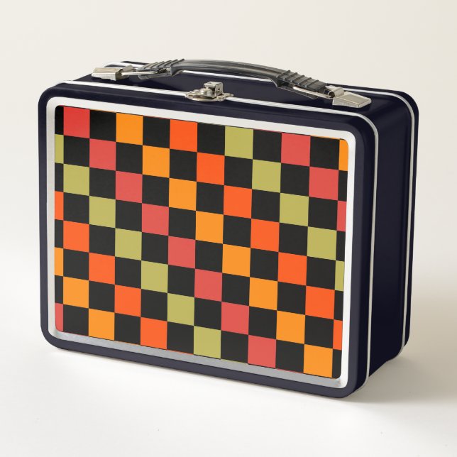 Orange Black Checkered Gingham Pattern Metall Brotdose (Vorderseite)