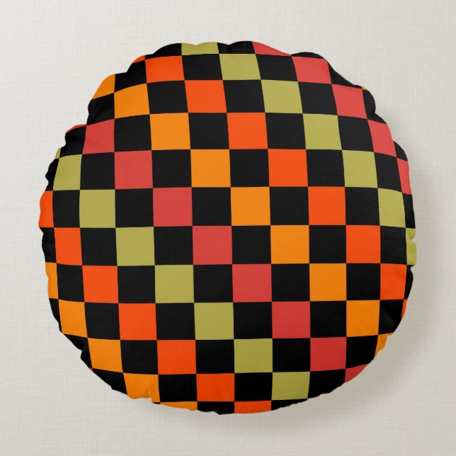 Orange Black Checkered Gingham Pattern Rundes Kissen (Vorderseite)