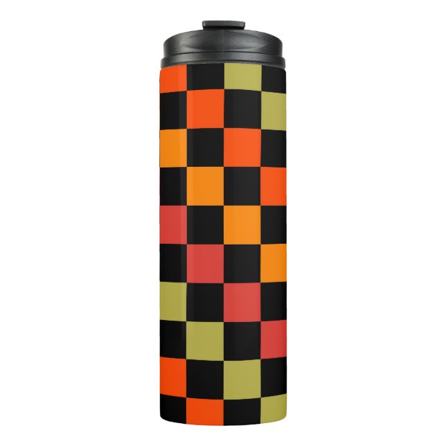 Orange Black Checkered Gingham Pattern Thermosbecher (Vorderseite)