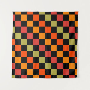 Orange Black Checkered Gingham Pattern Wandteppich