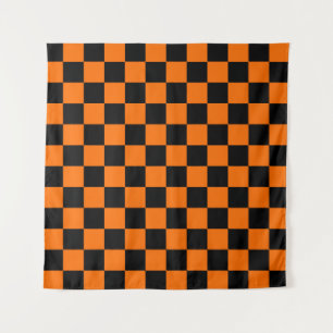 Orange Black Checkered Karo Pattern Wandteppich