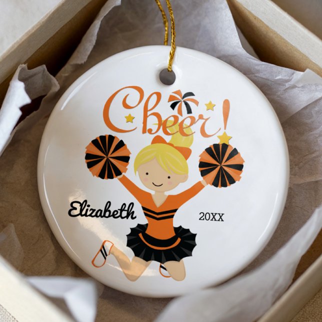 Orange & Black Cheer Blonde Cheerleader Ornament (Von Creator hochgeladen)