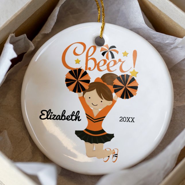 Orange & Black Cheer Brünett Cheerleader Ornament (Von Creator hochgeladen)