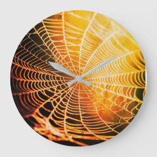 Orange Black Creepy Spooky Spider Web Large Clock Große Wanduhr