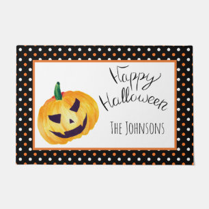 Orange Black dots Pumpkin Name Happy Halloween Fußmatte