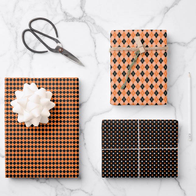 Orange Black Dots Squares Design perfekt Halloween Geschenkpapier Set (Vorderseite)
