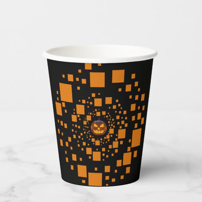 Orange Black Evil Pumpkin Float Squares Halloween Pappbecher (Vorderseite)