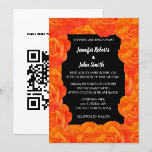 Orange Black Floral QR Code Rose Blume Hochzeit Einladung