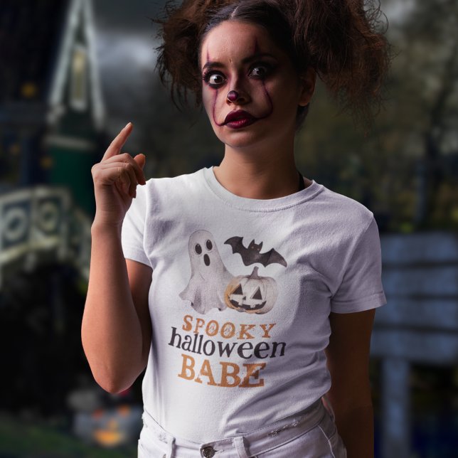 Orange Black Ghost Spooky Halloween Babe T-Shirt (Von Creator hochgeladen)