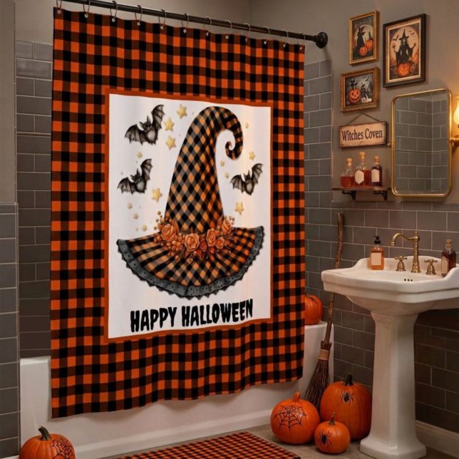 Orange & Black Gingham Halloween Hexenhut & Fleder Duschvorhang (Von Creator hochgeladen)