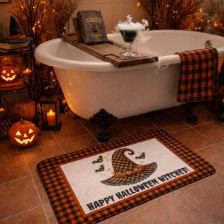 Orange & Black Gingham Halloween Hexenhut Willkomm Badematte