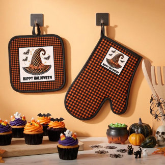 Orange & Black Gingham Halloween Witch Hat & Bats Ofenhandschuh & Topflappen-Set