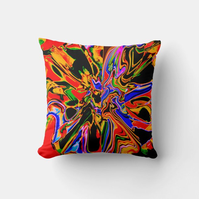 Orange, Black, Gold, Blue Psychedelic Blume Kissen (Vorderseite)