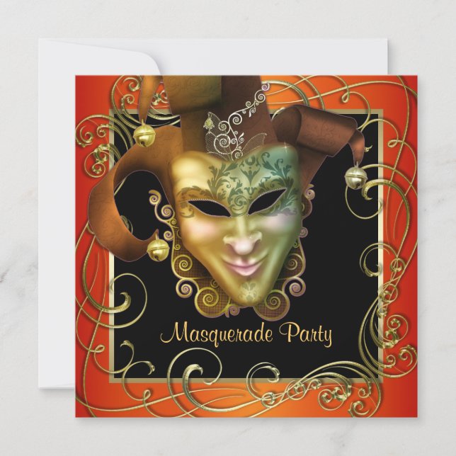 Orange Black Gold Masquerade Party Invitations (Devant)