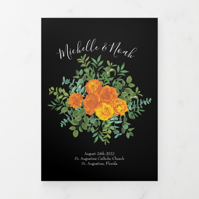 Orange & Black Gothic Peony Rose Hochzeitsprogramm Dreifach-gefaltete Programmkarte (Cover)