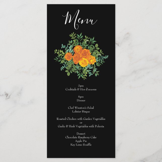 Orange & Black Gothic Peony & Rose Wedding Menu Menükarte (Vorderseite)