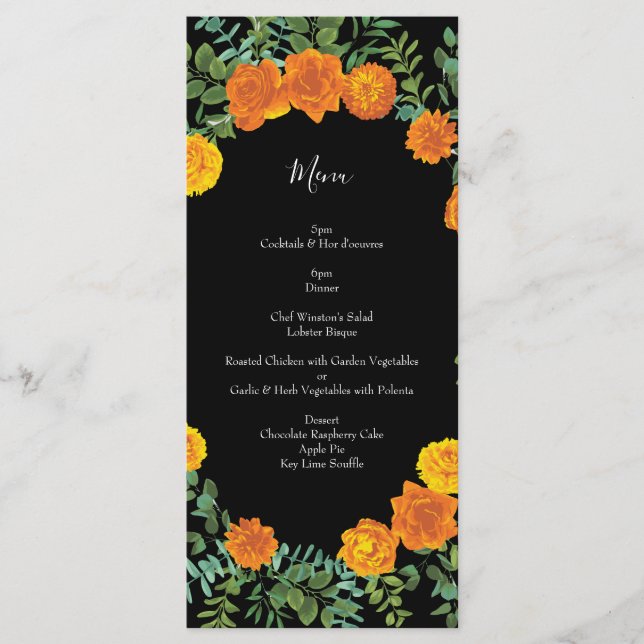 Orange & Black Gothique Peony & Mariage Rose Menu (Devant)