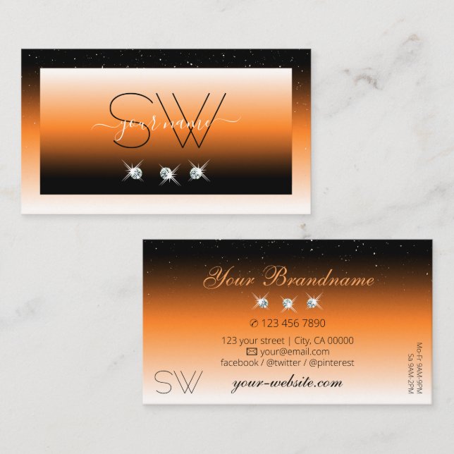Orange Black Gradient Sparkling Diamonds Initialen Visitenkarte (Vorne/Hinten)
