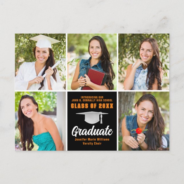 Orange Black Graduate Foto Collage Abschluss Postkarte (Vorderseite)