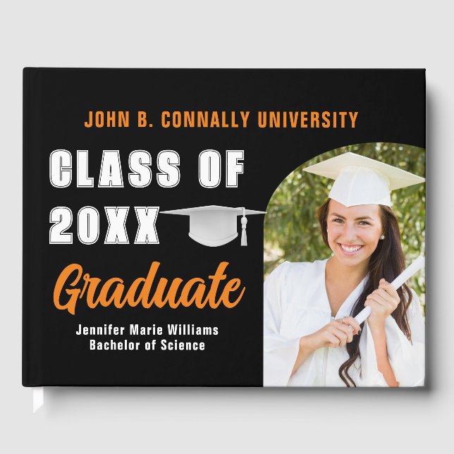 Orange Black Graduate Foto Custom Abschluss Gästebuch (Vorderseite)