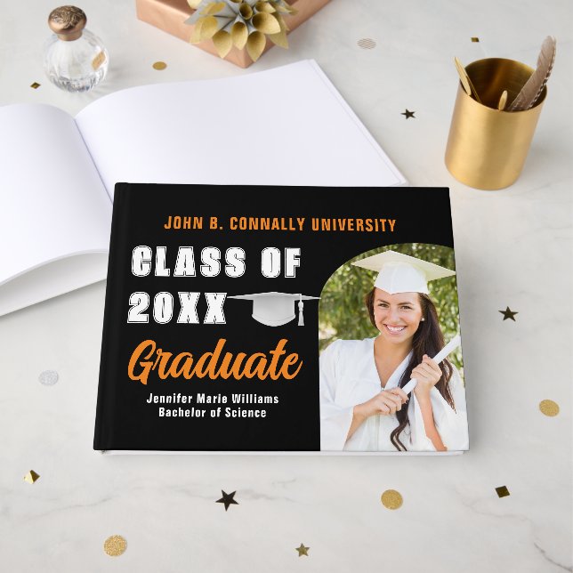 Orange Black Graduate Foto Custom Abschluss Gästebuch (Vorderseite Offen)