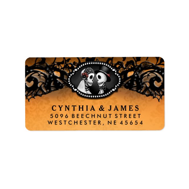 Orange Black Halloween Elegante Hochzeitsskelette Adressaufkleber (Vorne)