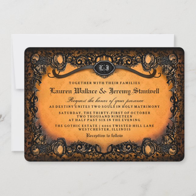 Orange Black Halloween HochzeitsEMPFANG auf BACK Einladung (Vorderseite)