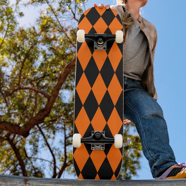 Orange Black Harlequin Diamonds Checkers Design  Skateboard (Von Creator hochgeladen)