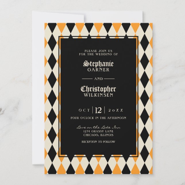 Orange Black Harlequin Halloween Hochzeit Einladung (Vorderseite)