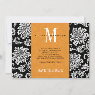 Orange Black Monogram Damask Wedding Save the Date Einladung