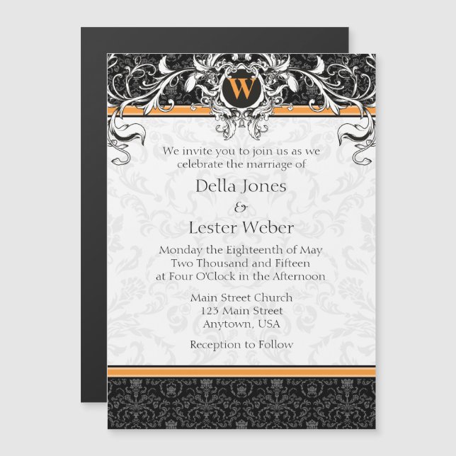Orange Black Monogram Magnetic Wedding Einladung (Vorne/Hinten)