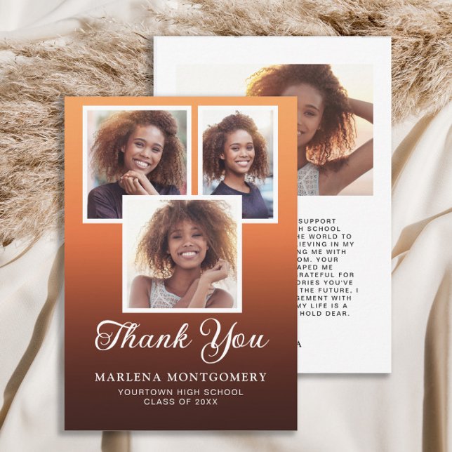 Orange Black Ombre Graduation 4 Merci photo (Graduation 4 photo Thank You card.)