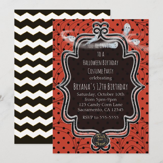 Orange & Black Polka Dots Whimsisches Halloween Einladung (Vorne/Hinten)