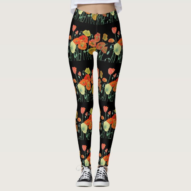 Orange & Black Poppy Poppies Leggings der Blumenku (Vorderseite)