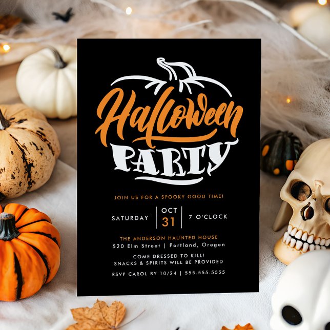 Orange & Black Pumpkin Typografy Halloween-Party Einladung (Von Creator hochgeladen)