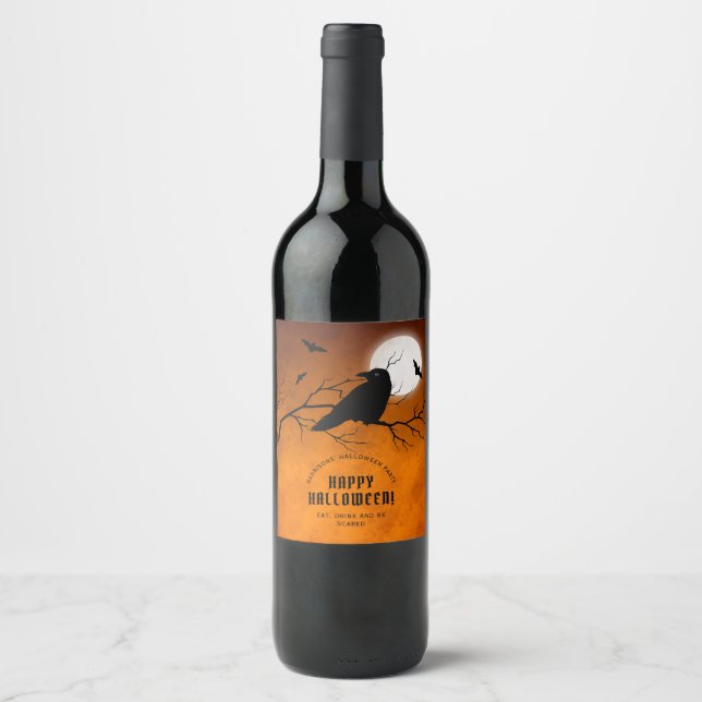 Orange Black Raven Bats Full Moon Halloween-Party Weinetikett (Vorderseite)
