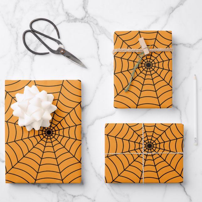 Orange Black spider web Halloween pattern Geschenkpapier Set (Vorderseite)