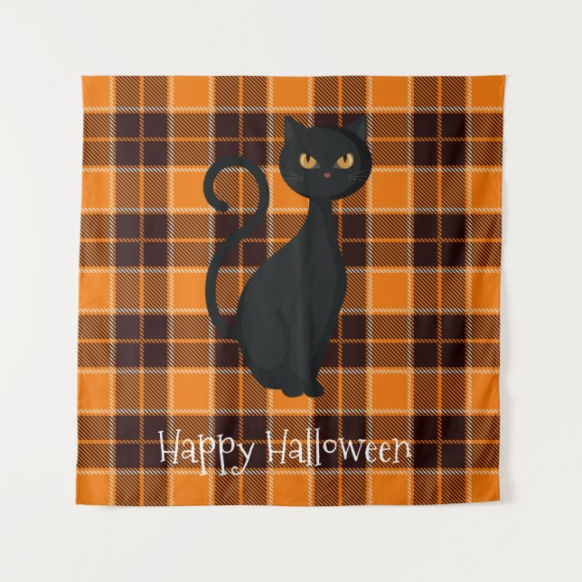 Orange Black Tartan Kariert Black Cat Halloween Wandteppich (Vorderseite)