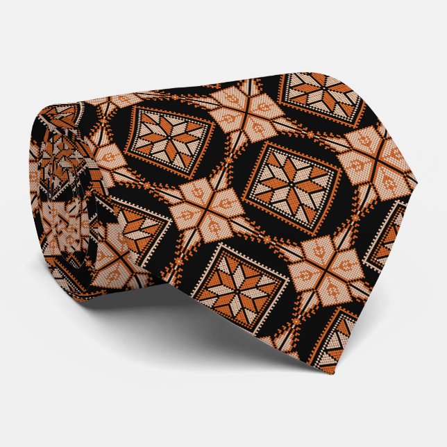 Orange & Black Tatreez Henna Thobe Print Muster Krawatte (Gerollt)