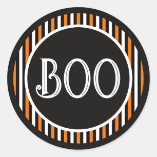 Orange & Black Vintage Streifen Boo Runder Aufkleber
