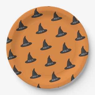 Orange Black Witch Hat Pattern Halloween-Party Pappteller