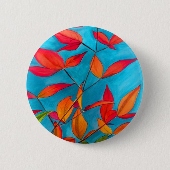 Orange Blätter Herbst Original Aquarellkunst Button (Vorderseite)