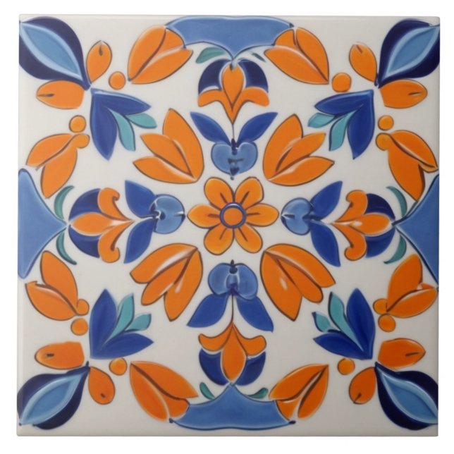 Orange Blau Geometrische Blume Mittelmeer Fliese (Vorderseite)