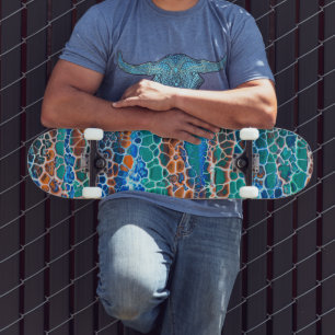 Orange blaue Aquamarin verklebte Glasabstraktion Skateboard