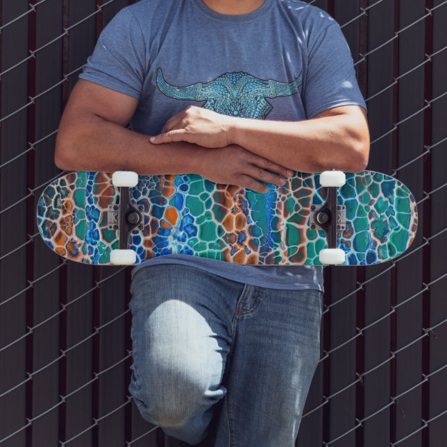 Orange blaue Aquamarin verklebte Glasabstraktion Skateboard (Außenbereich 3)