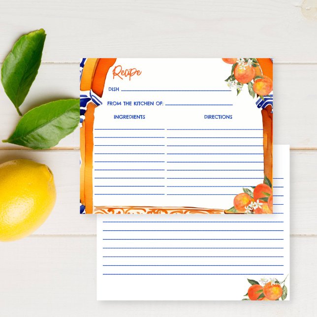 Orange blaue Azulejo talavera Platten Rezeptur Kar (Orange blue azulejo talavera tiles recipe card Spanish citrus oranges bridal shower recipe card)