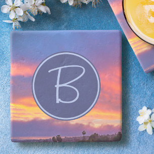 Orange Blaue Pinke Wolken Sonnenuntergang Monogram Steinuntersetzer