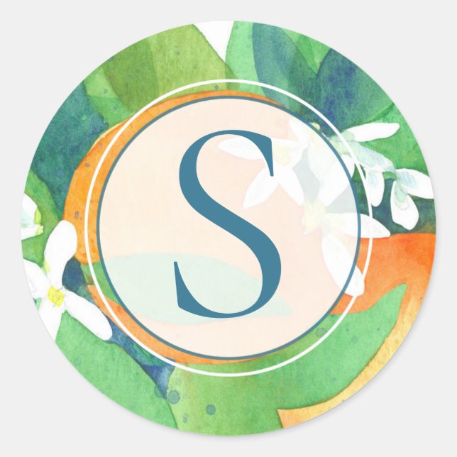 Orange Blossom Citrus Fruchtfarben Monogramm Runder Aufkleber (Vorderseite)