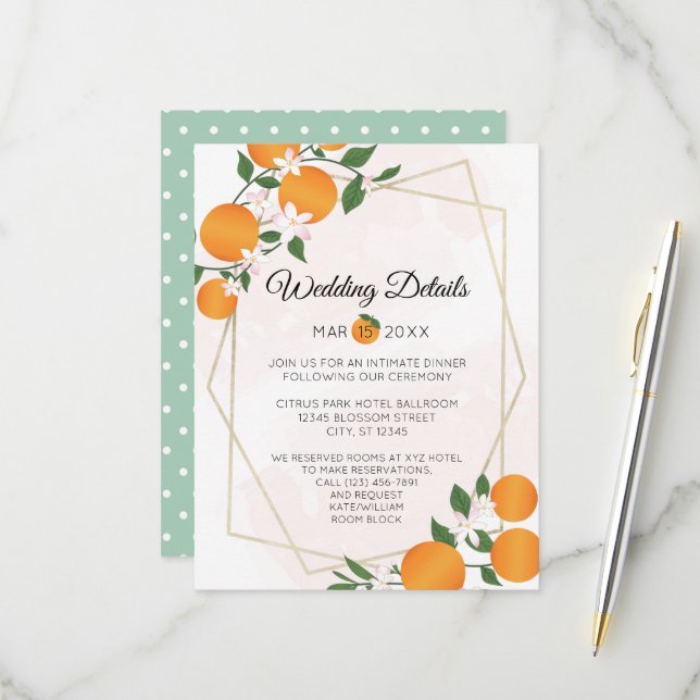 Orange Blossom Citrus Wedding Details Umschließung RSVP Karte (Vorderseite/Rückseite Beispiel)